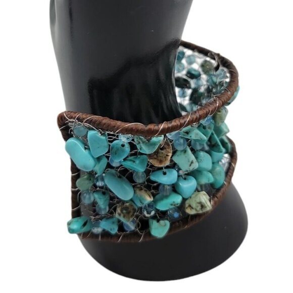 Chunky Turquoise Open Cuff Bracelet Wire Stitched Stones Handcrafted Size 7.5" - Picture 4 of 16